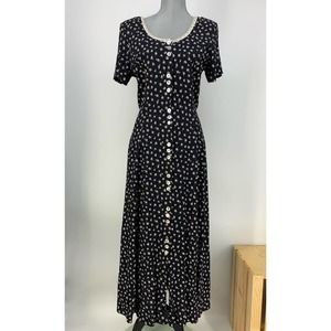 Vintage Decked Out Womens 6 8 Black Ditsy Floral Daisy Button Front Midi Dress